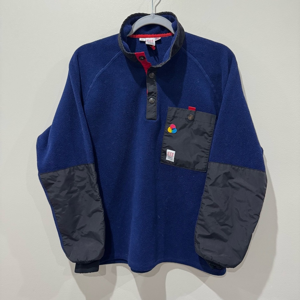 Topo Designs Pullover Mens Medium Blue Polartec Mountain‎ Fleece Snap Hiking USA